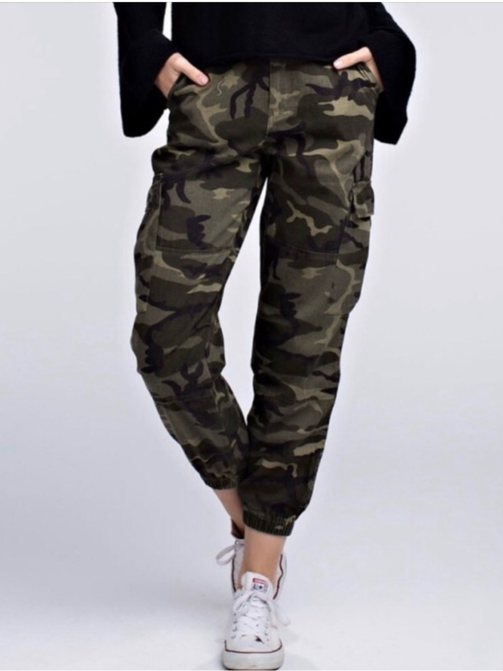 NWT Honey Punch Camo Cargo Jogger Pants Small Army Green Camouflage 100% Cotton